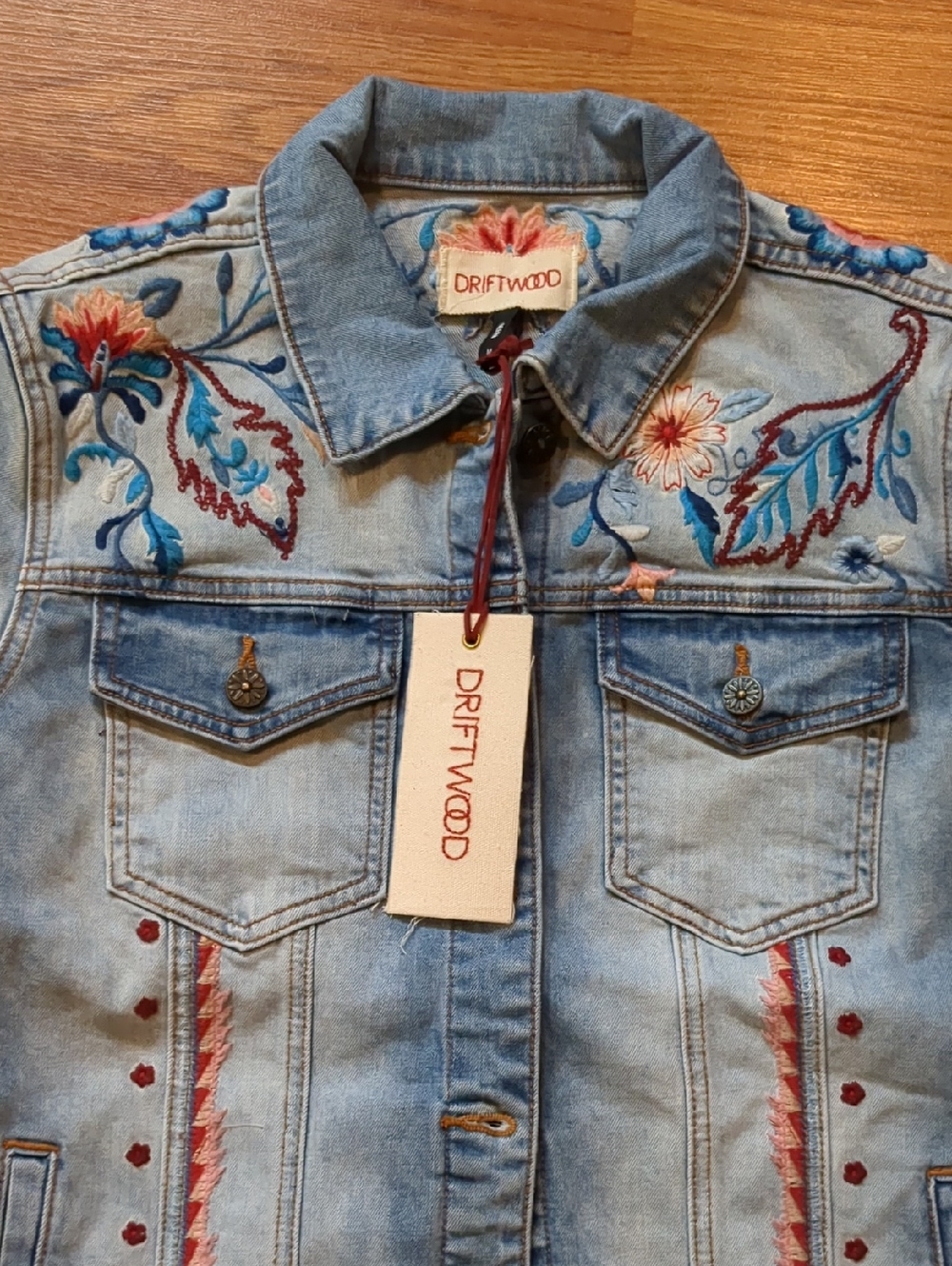 Driftwood Jeans Embroidered Floral Light-Wash Denim Trucker Jacket - Picture 5 of 9